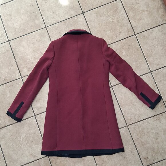J Crew Wool Blend Lady Day Double Cloth Pea Coat Burgundy with Navy Trim - Picture 3 of 8